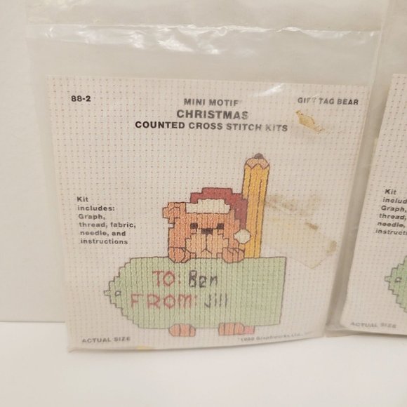 2 NIP Mini Motif Christmas Holiday Cross Stitch Kits Teddy Bears Gift Tags - Picture 2 of 5